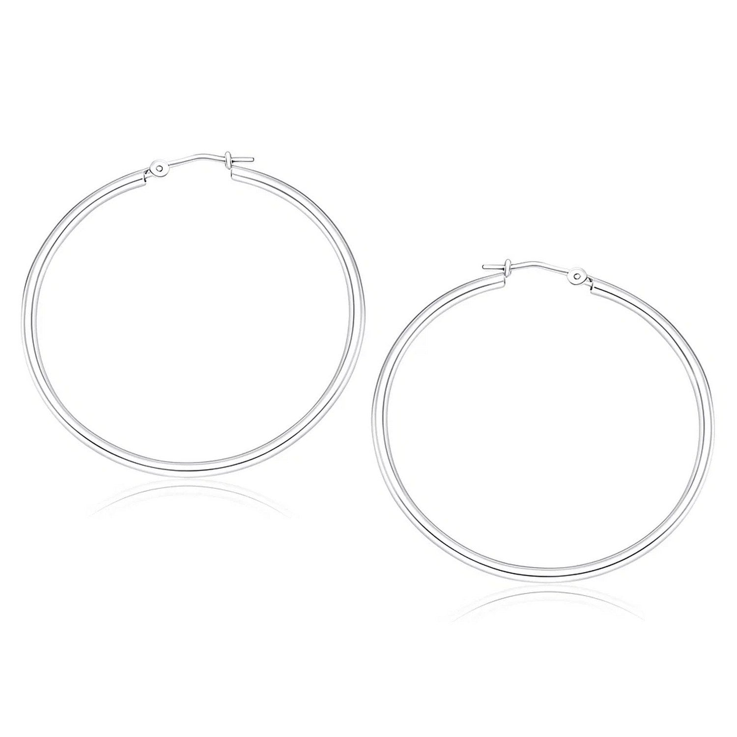 10k White Gold Polished Hoop Earrings (2x40 mm) in a sleek high-contrast midnight luxury editorial style
